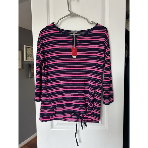Talbots Tops - NWT Talbots Women Pink Blue Striped 3/4 Sleeve Tie Waist Top Size Small Petite